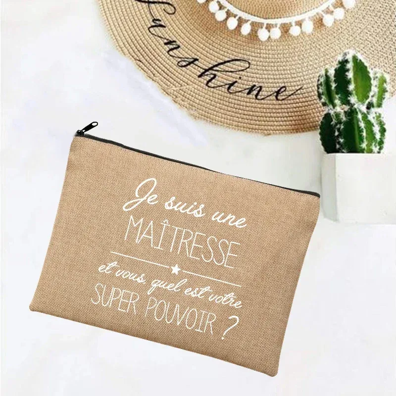 cadeau maitresse école cadeau maitresse trousse de maquillage sacs de maquillage en lin merci professeur impression française simple bracelet pochette plage papeterie stockage voyage organisateur étui cadeaux