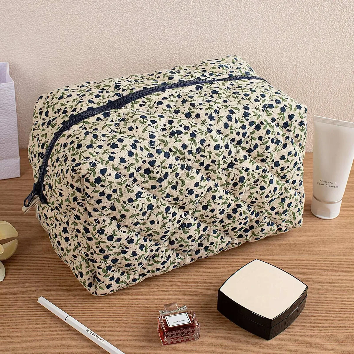 trousse de maquillage à imprimé floral, grande capacité, organiseur de toilette de voyage, pochette cosmétique portable, pochette à fermeture éclair pour femmes