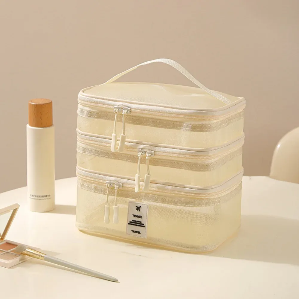 sacs cosmétiques en maille à fermeture éclair, transparents, grande capacité, sac de rangement double couche, organisateur multifonctionnel pour articles de toilette portables
