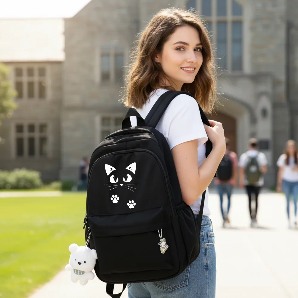 Sac Dos Nylon Noir Dessin Animé Chats Ours Bandoulière Arquée Compartiment Intérieur Voyage École Adolescents Femmes Hommes