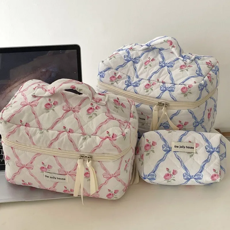 trousse de maquillage courtepointe pour femme, trousse de toilette portable pour filles, sac à main grill pour femme, trousse cosmétique à fermeture éclair, nœud mignon, fleur