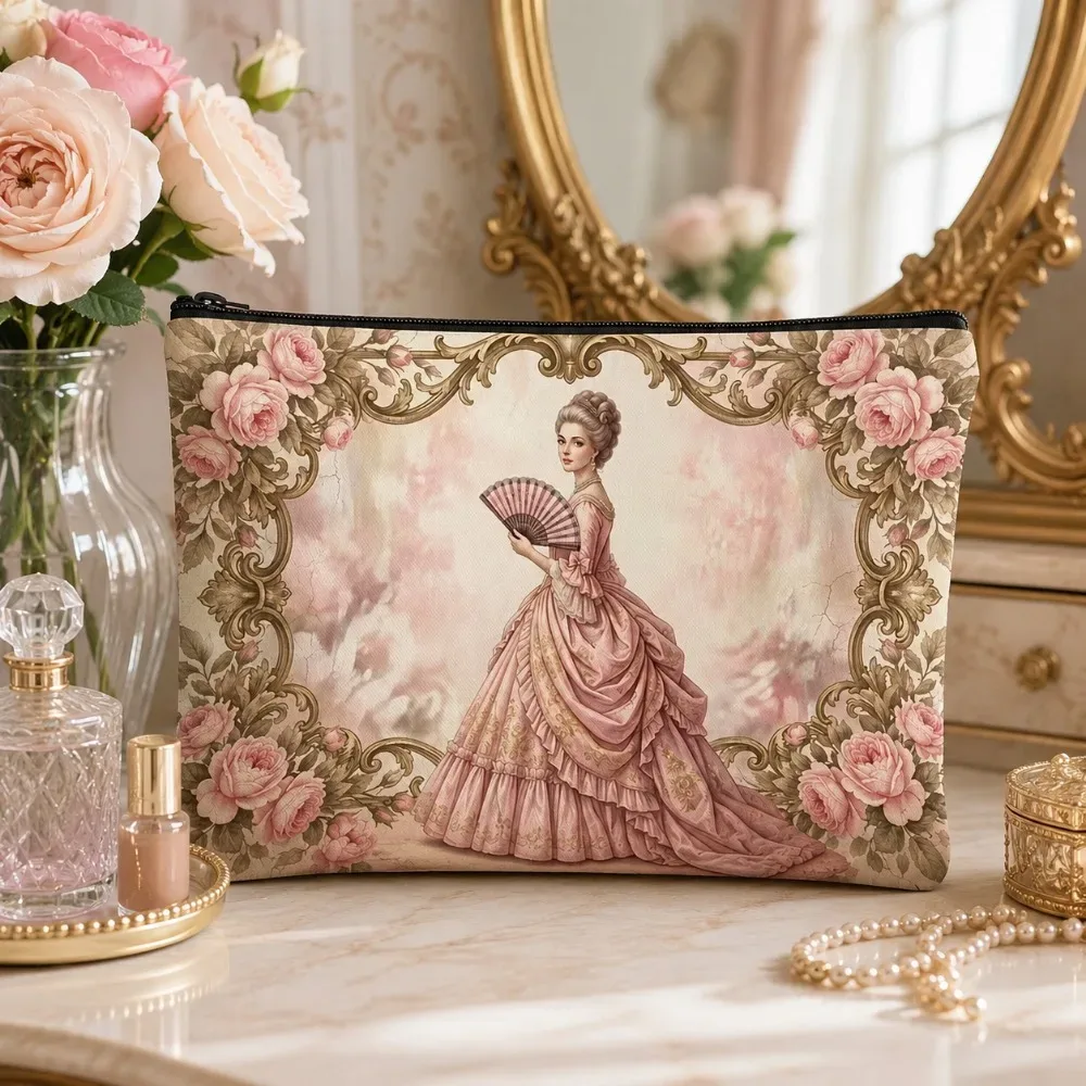 pochette cosmétique vintage rococo pour femme, imprimée en 2d sur toile, pochette à fermeture éclair, cadre rose victorien, sac de maquillage portable de voyage