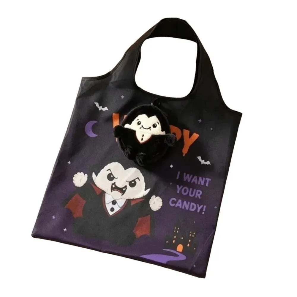 sac fourre-tout d'épicerie halloween couleur unie, mini sac à main de dessin animé peu encombrant, étui en peluche, sac 2-en-1 pliable rapidement, pochette porte-breloque