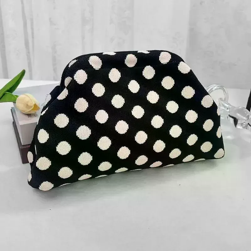 trousse de maquillage rétro européenne et américaine à pois - pochette cosmétique portable grande capacité tricotée à blocs de couleurs