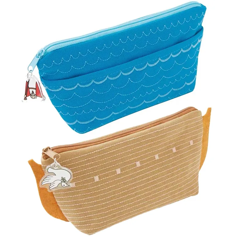 pochette voyage nylon motif vagues bleues intérieur noir stylos crayon rangement fournitures papeterie cosmétiques transport