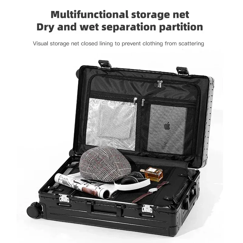 valise de luxe en alliage d’aluminium et de magnésium, avec roulettes multidirectionnelles, serrure tsa, idéale pour les voyages, disponible en différentes tailles (20, 24, 26 et 29 pouces).