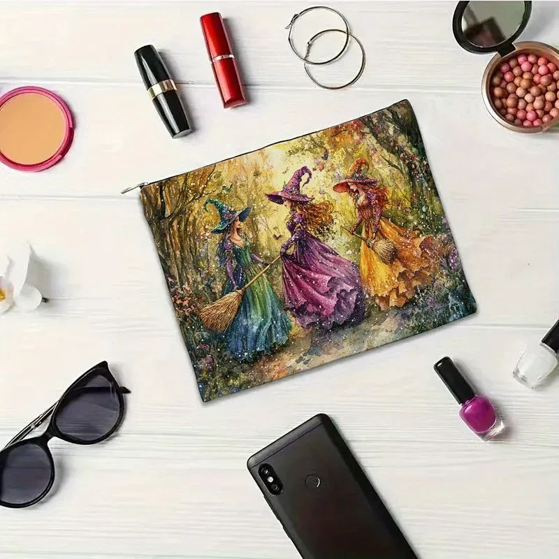 trousse de maquillage rétro en résine de sorcière, avec motif de forêt d'automne vibrante, fermeture à glissière sécurisée, sac de voyage multifonctionnel
