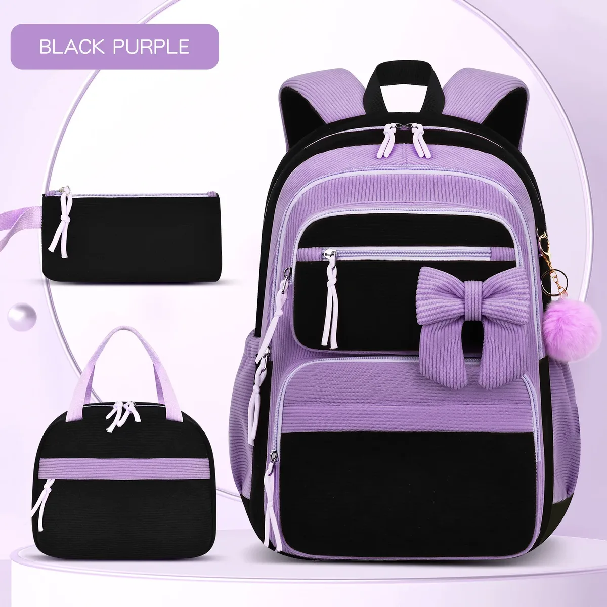 sac à dos d'école pour filles, motif cerise, sac à dos en velours côtelé pour écolière primaire, sac à livres pour enfants, sac à déjeuner, trousse à crayons, 3 pièces/ensemble