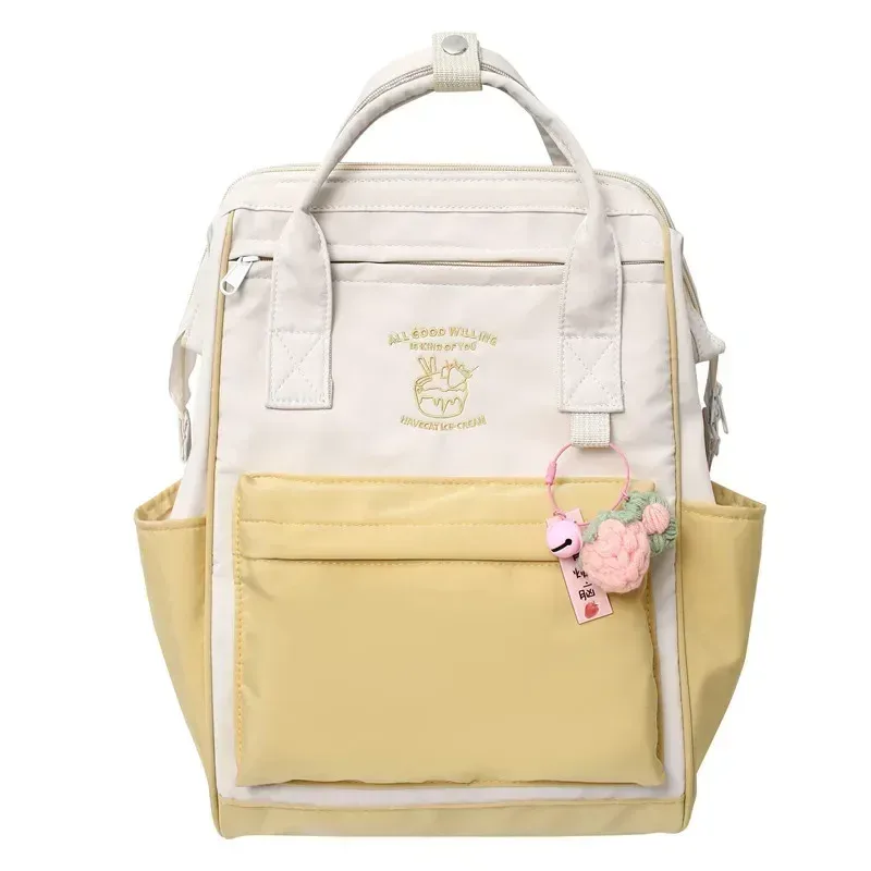 sac dos nylon pastel beige violet bandoulière ouverte motif fruits poche avant voyage loisirs