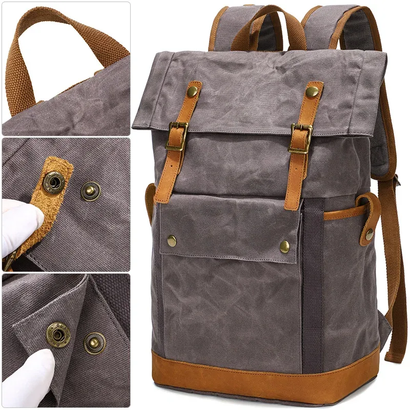 sac à dos vintage en toile cirée imperméable pour homme, sac à dos de camping, sac à dos de voyage, sac pour ordinateur portable 16 pouces, sacs d'école pour étudiants