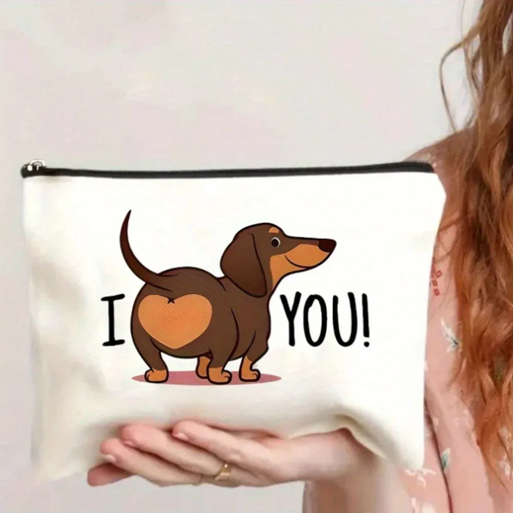 trousse de maquillage amusante en forme de derrière de teckel – adorable chiot marron avec « i you ! » sac à main mini sans fermeture éclair pour femmes, taille s, pour enseignantes