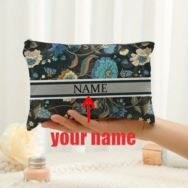 1 pièce trousse de maquillage personnalisée avec nom et motif floral imprimé, sac de rangement de voyage pour articles de toilette, organisateur de cadeaux de fête, pochette cosmétique