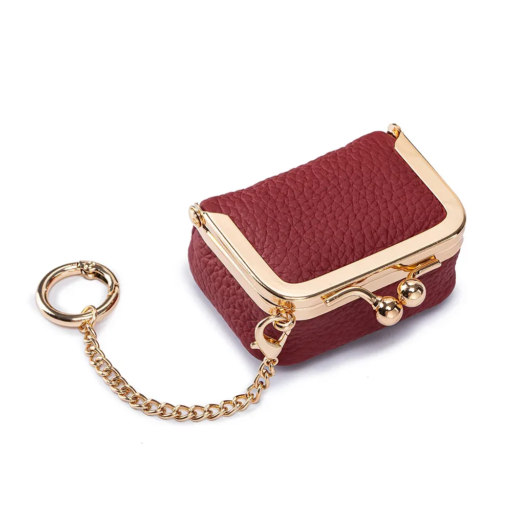 porte-monnaie miniature en cuir véritable avec fermoir à pression et chaîne, petite pochette à fermoir pour femmes, sac de rangement pour bijoux, porte-monnaie compact et solide.