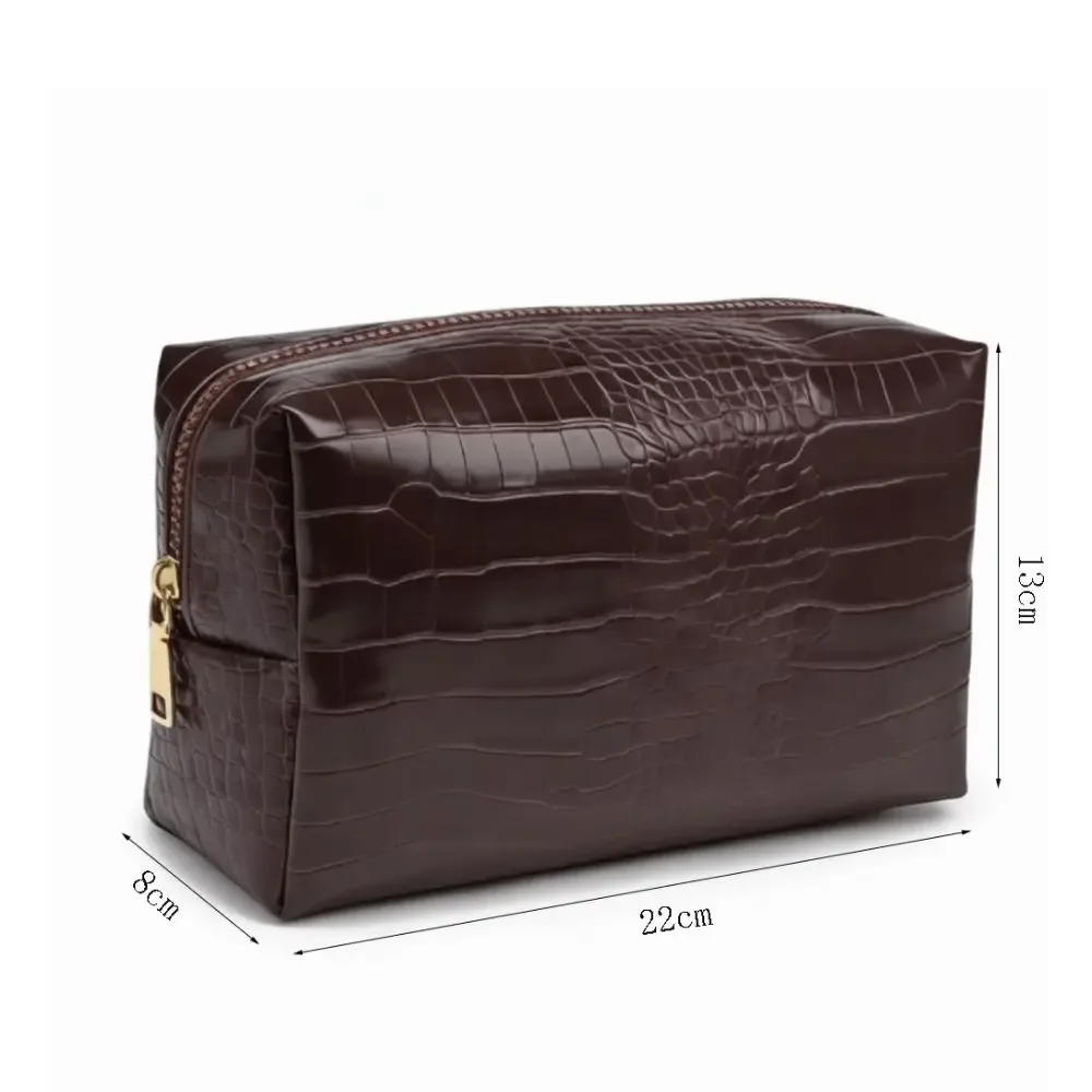 sac à maquillage en cuir pu, motif crocodile gaufré, pochette cosmétique imperméable, fermeture à glissière, grande capacité, pochette de rangement
