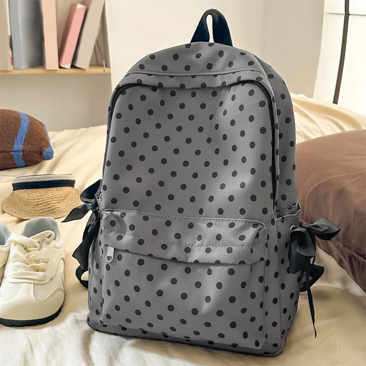 sac à dos scolaire mignon à pois, sac à dos en nylon kawaii, sac à dos esthétique pour filles, femmes, lycée, collège