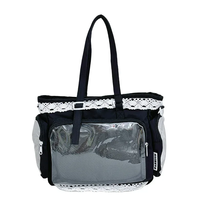 sacs bandoulière style universitaire pour fille, poche transparente, couleur unie, itabag grande capacité, sac à bandoulière en dentelle, pour poupées en coton, tenue quotidienne