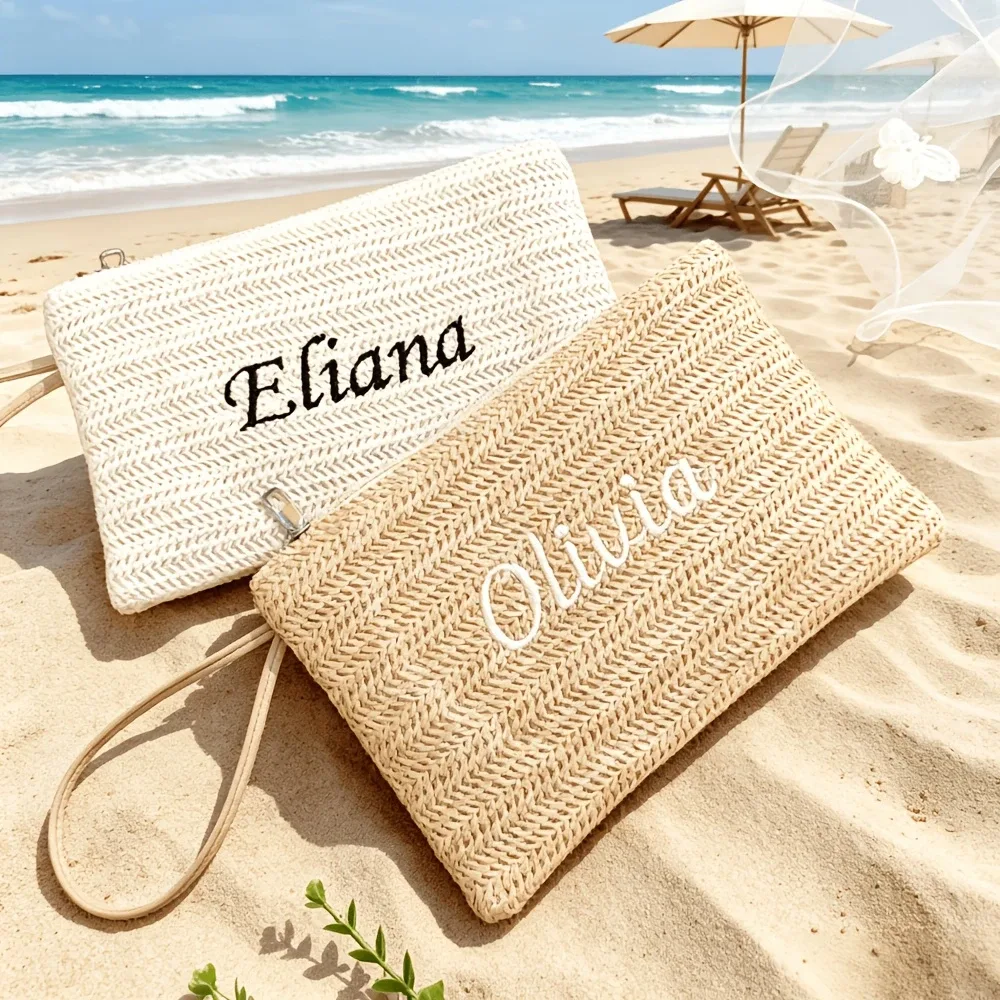 pochette à maquillage personnalisée en paille tressée, sac de rangement portable pour téléphone portable et petits accessoires divers, idéal pour une utilisation quotidienne en extérieur