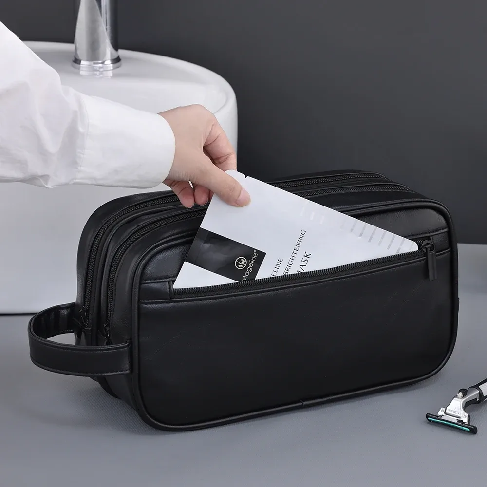 trousse de toilette double couche pour hommes, en cuir pu, organisateur de lavage de voyage, kit dopp, sac à cosmétiques de rasage résistant à l'eau, strorage