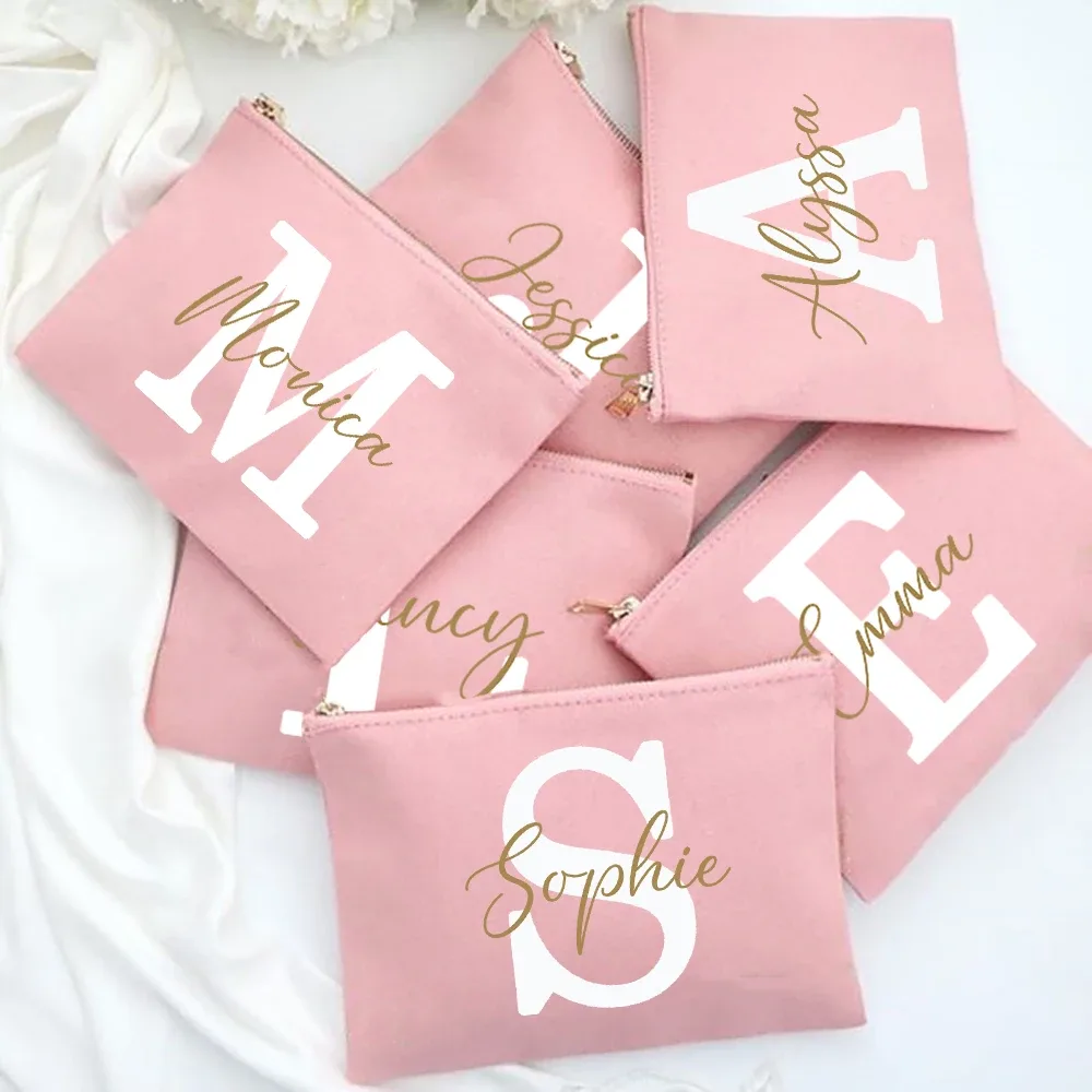 Sacs à cosmétiques de demoiselle d'honneur avec nom personnalisé, trousse de maquillage pour filles, pochette de toilette de voyage, cadeaux d'anniversaire de mariage pour elle
