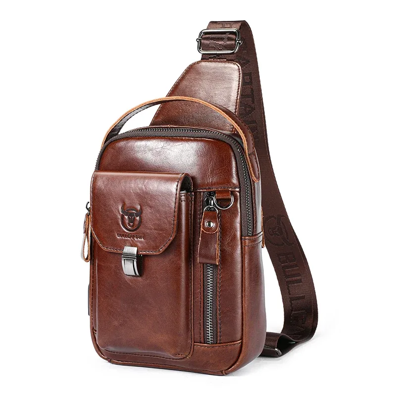 bullcaptain sac de poitrine en cuir véritable pour hommes décontracté rétro 7.9 pouces sac pour téléphone portable multifonctionnel antivol sac à bandoulière