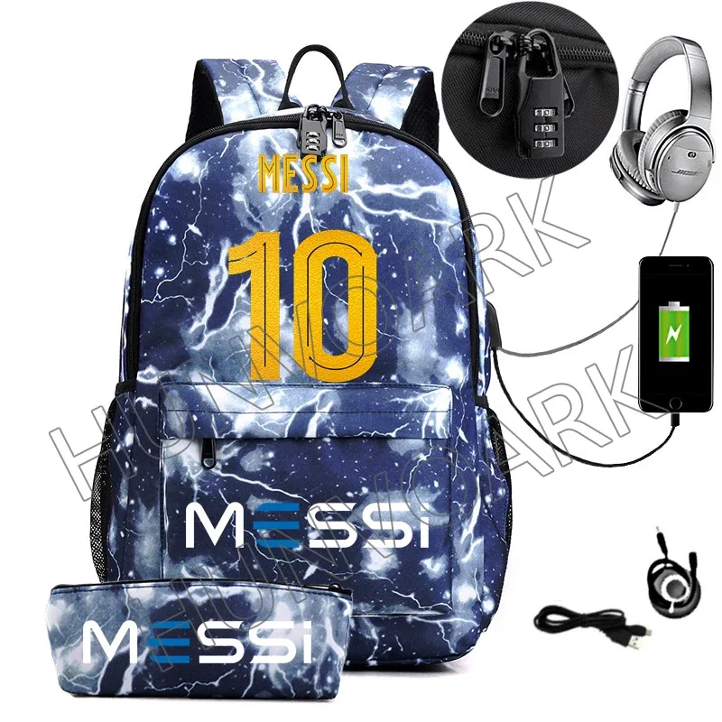 messi-sac à dos étanche avec chargeur usb, sac à dos de voyage décontracté, grande capacité, sacs d'école pour ordinateur portable, hommes et femmes