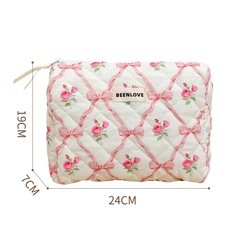 trousse de maquillage en coton matelassé avec nœud et fleur, sac cosmétique zippé pour femme, sac à main en tissu portable pour filles