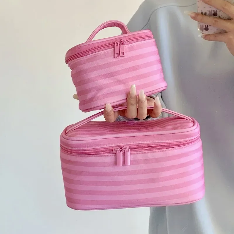 trousse de maquillage de voyage portable rose rayée grande capacité avec miroir, pochette organisateur de toilette à main pour femme, idée cadeau