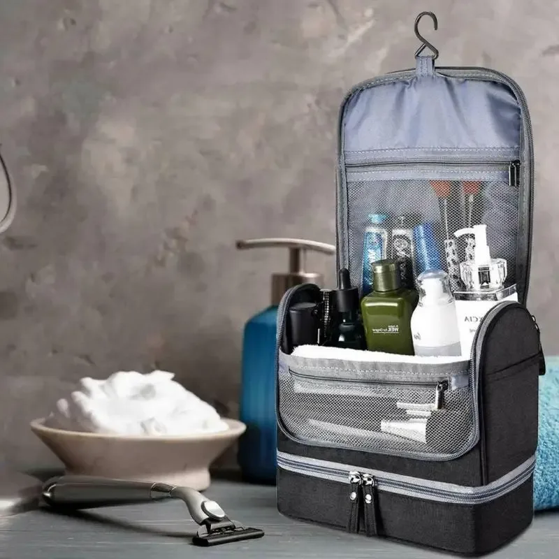 trousse de toilette pliable avec crochet de suspension, sac de rangement de cosmétiques de salle de bain étanche pour femmes, trousse de maquillage de voyage de grande capacité pour hommes