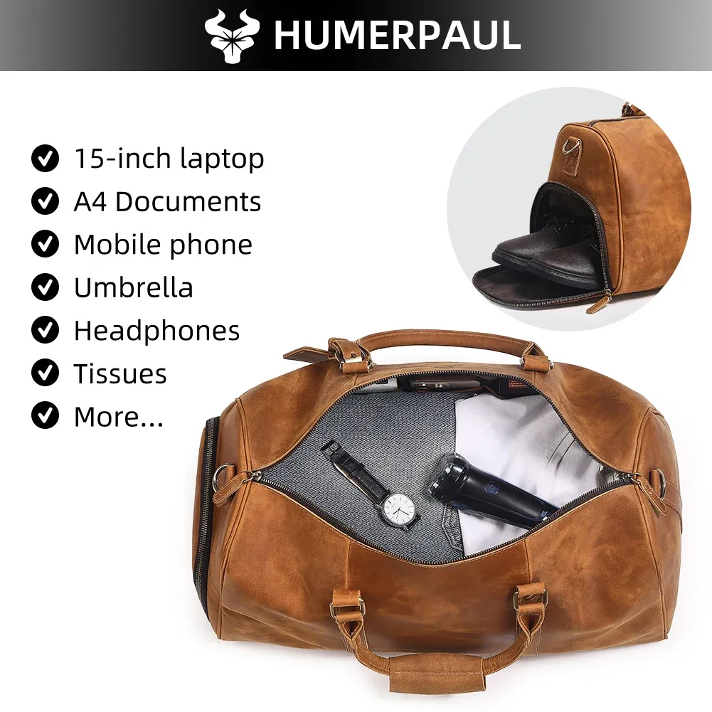 sac de sport en cuir crazy horse pour hommes, sac de voyage de grande capacité pour ordinateur portable et chaussures de 15 pouces, fourre-tout durable pour les affaires