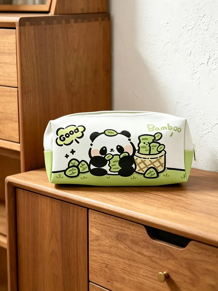 sac de rangement imprimé panda blanc et vert, pochette à fermeture éclair de grande capacité pour papeterie et cosmétiques, imperméable et résistant aux rayures