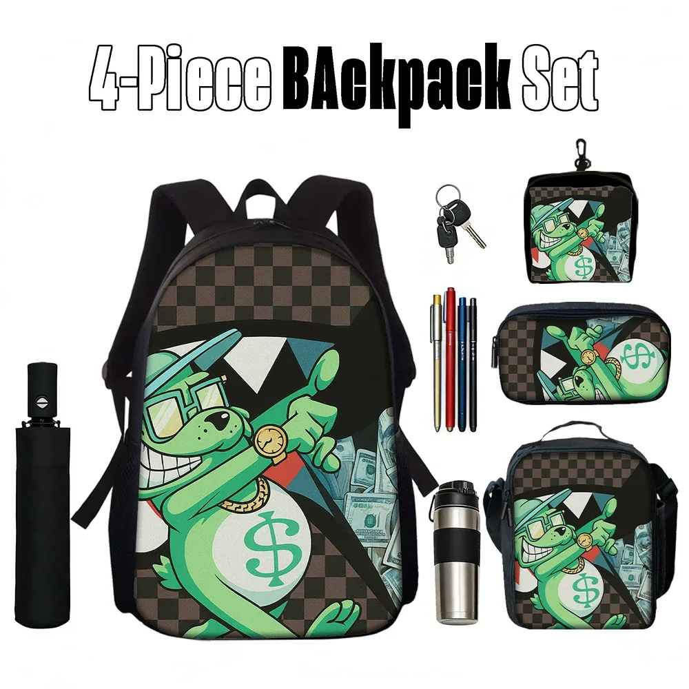 sac dos polyester carreaux noirs blancs accents verts argentés personnage souriant sac main usage quotidien
