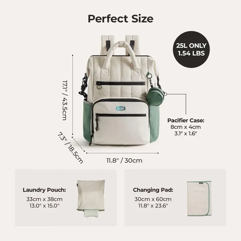 sac dos polyester beige accents verts poches multiples grande capacité maternité sorties mains libres bébé ordinateur portable