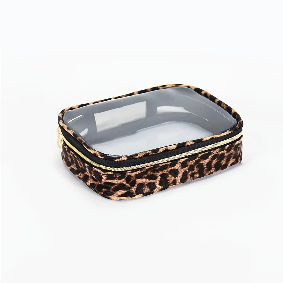 trousse de maquillage transparente à imprimé léopard, trousse cosmétique étanche de grande capacité pour voyage avec fermeture éclair
