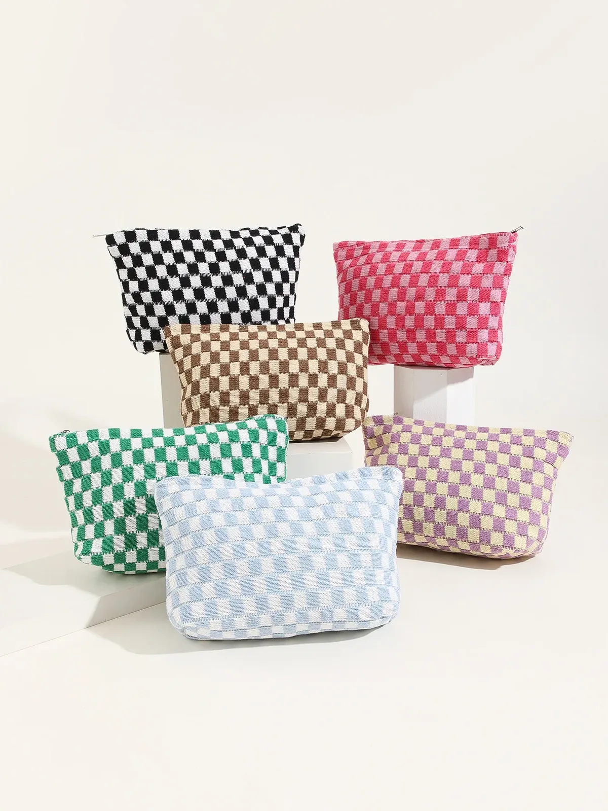 trousse de maquillage à carreaux, trousse de toilette de voyage, organisateur de pinceaux de maquillage mignons, sac de rangement d'accessoires esthétiques pour femmes