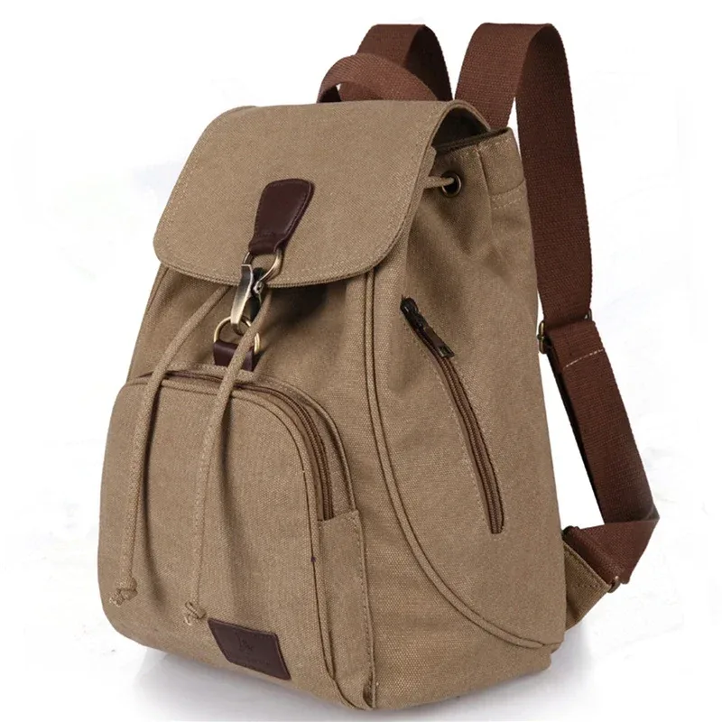 sac dos toile femelle polyester poche intérieure zippée bandoulière arquée style preppy couleur marron clair capacité 20 35 litres
