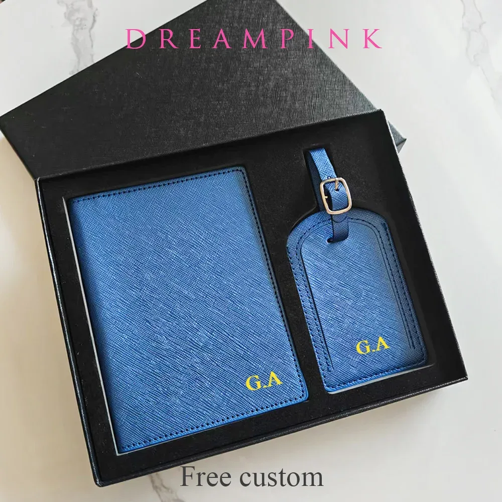 Porte-passeport Saffiano de voyage avec initiales personnalisées, ensemble d'étiquettes de bagage, boîte-cadeau, nom personnalisé, Logo, accessoires de voyage pour femmes et hommes