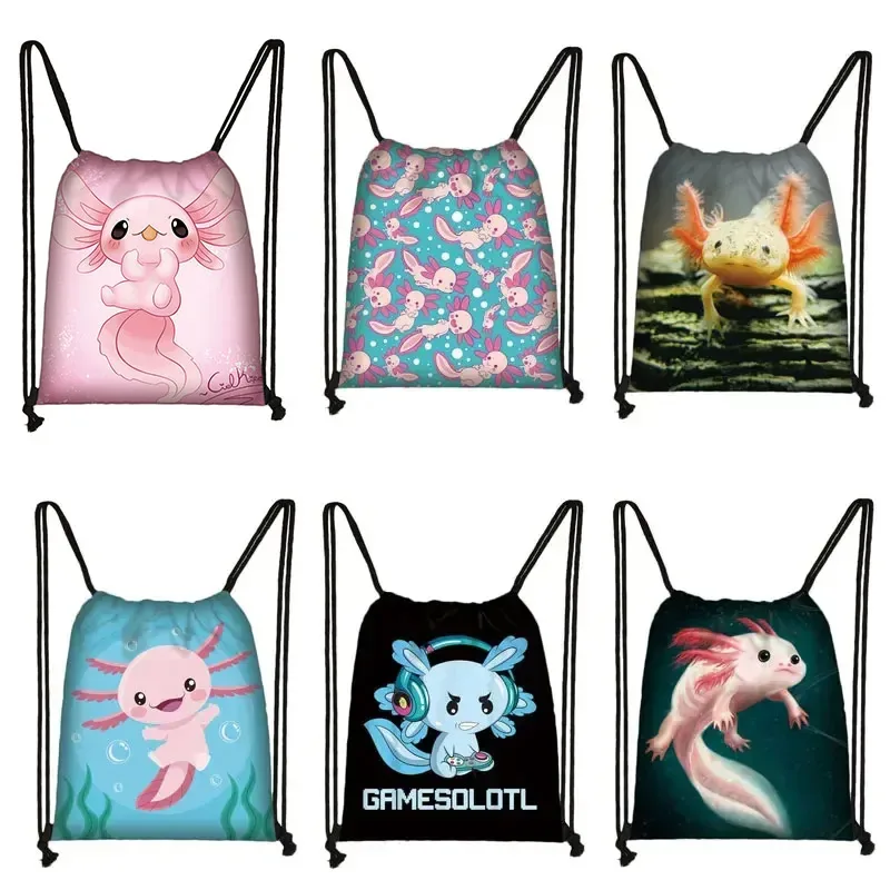 Kawaii dessin animé Axolotl poisson jouant des jeux vidéo sac à dos tours de mer Axolotl/fouron Harajuku sacs à cordon sac de voyage en toile