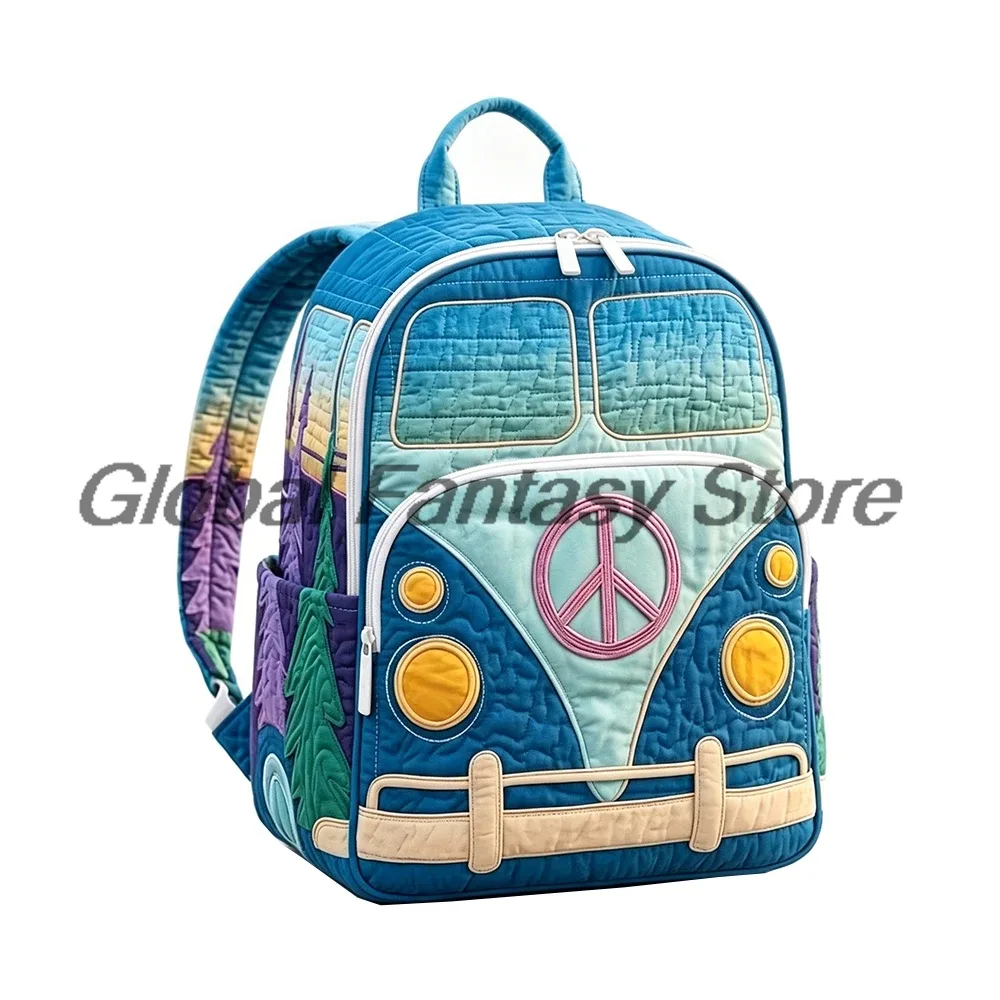 sac à dos matelassé hippie van avec imprimé vintage signe de paix, sac de voyage pour femmes et hommes, sac à dos d'extérieur