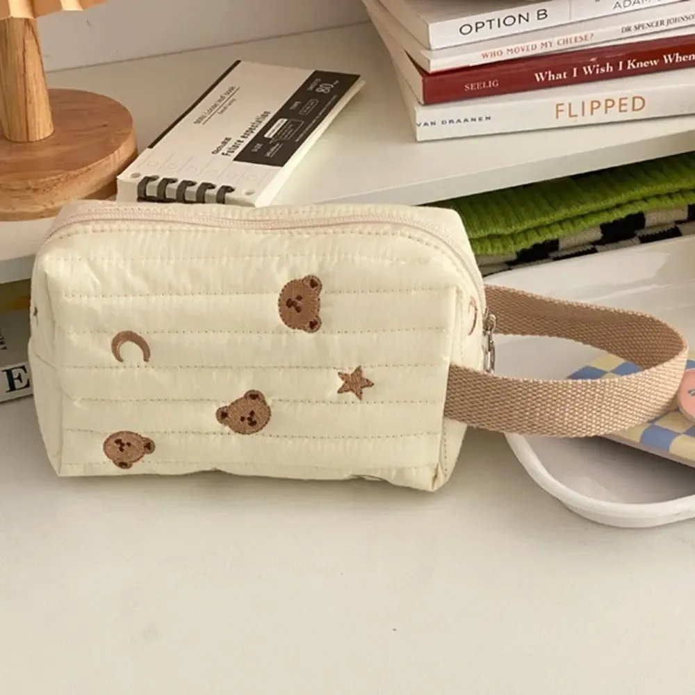 trousse de toilette mignonne brodée, sac à cosmétiques, fermeture éclair, ours en coton, sac de maquillage, organisateur de poignet, pochette de maquillage pour femmes