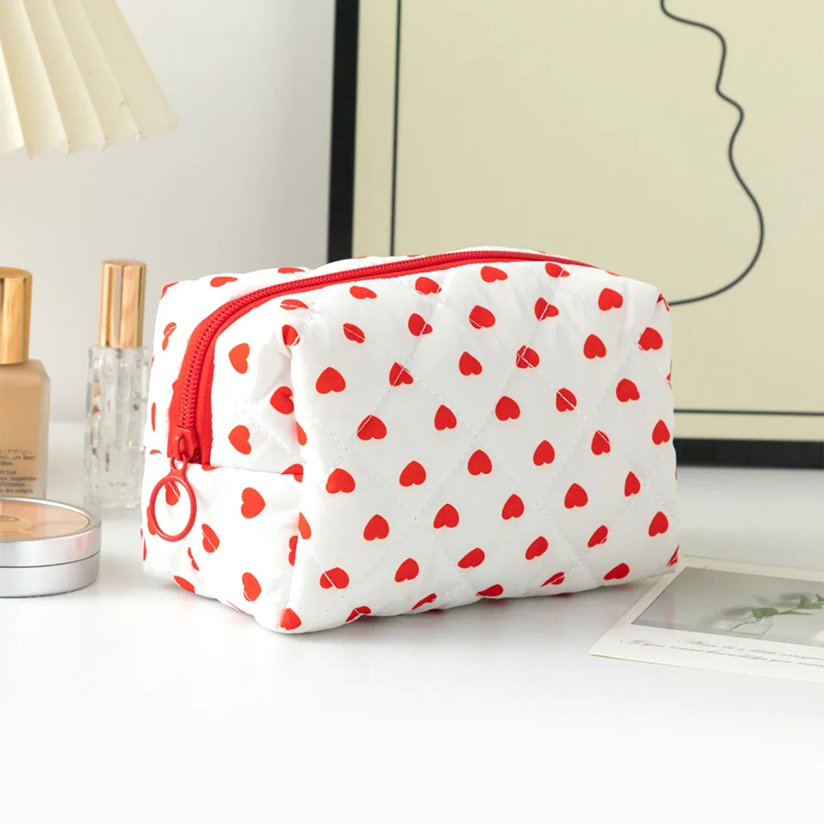 sac à pinceaux de maquillage à motif cœur mignon, pochette cosmétique en coton avec cordon de serrage pour femmes, organiseur de rangement pour articles de toilette de voyage, cadeau