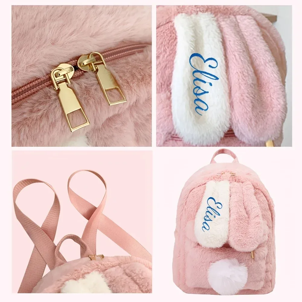 sac à dos léger et décontracté avec nom personnalisé, design d'oreille de lapin en peluche, cadeaux d'anniversaire parfaits pour la saison scolaire pour filles