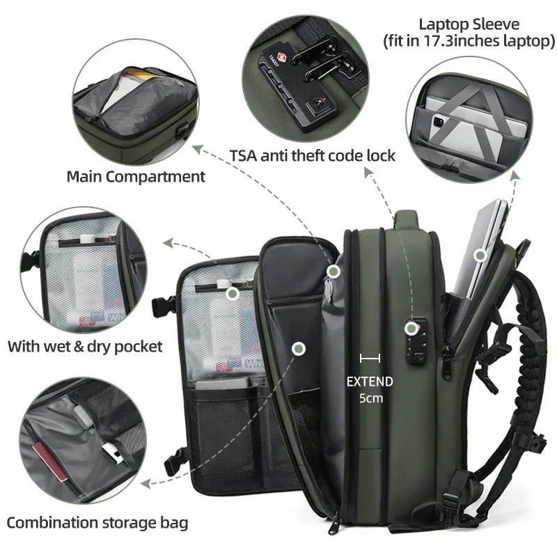 sac à dos de voyage pour hommes, sac à dos pour ordinateur portable à compression sous vide de 17 pouces, sac à dos d'école à grande capacité étendue, sac à dos de randonnée et d'affaires