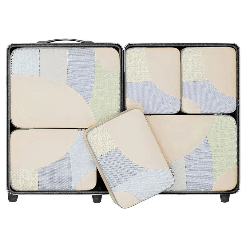 organisateur voyage polyester gris beige motif géométrique cube sac compression chaussures pochette housse vêtements tailles différentes transport pratique