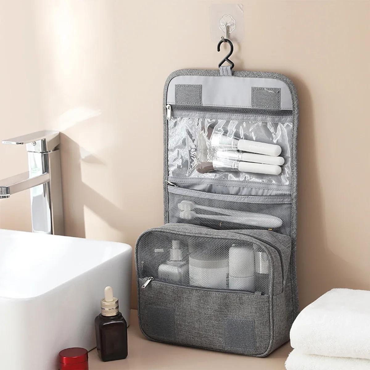 trousse de toilette de voyage de grande capacité, sac à cosmétiques portable multifonctionnel avec crochet, sac de rangement, sac de rangement de voyage pour hommes