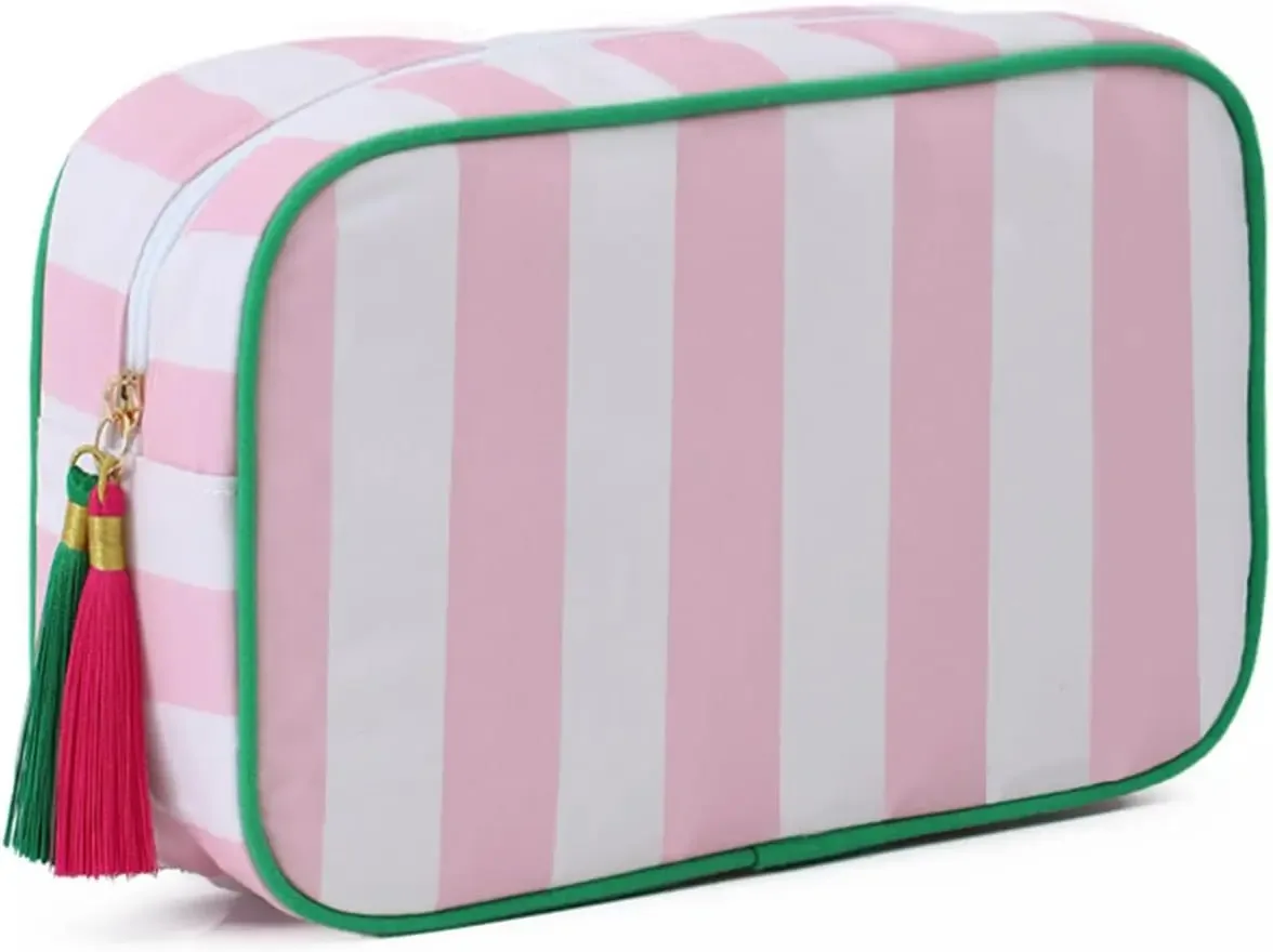 grande trousse de maquillage portable rayée pour femmes, avec fermeture éclair et pompon, grande capacité, sac fourre-tout décontracté avec fermeture éclair