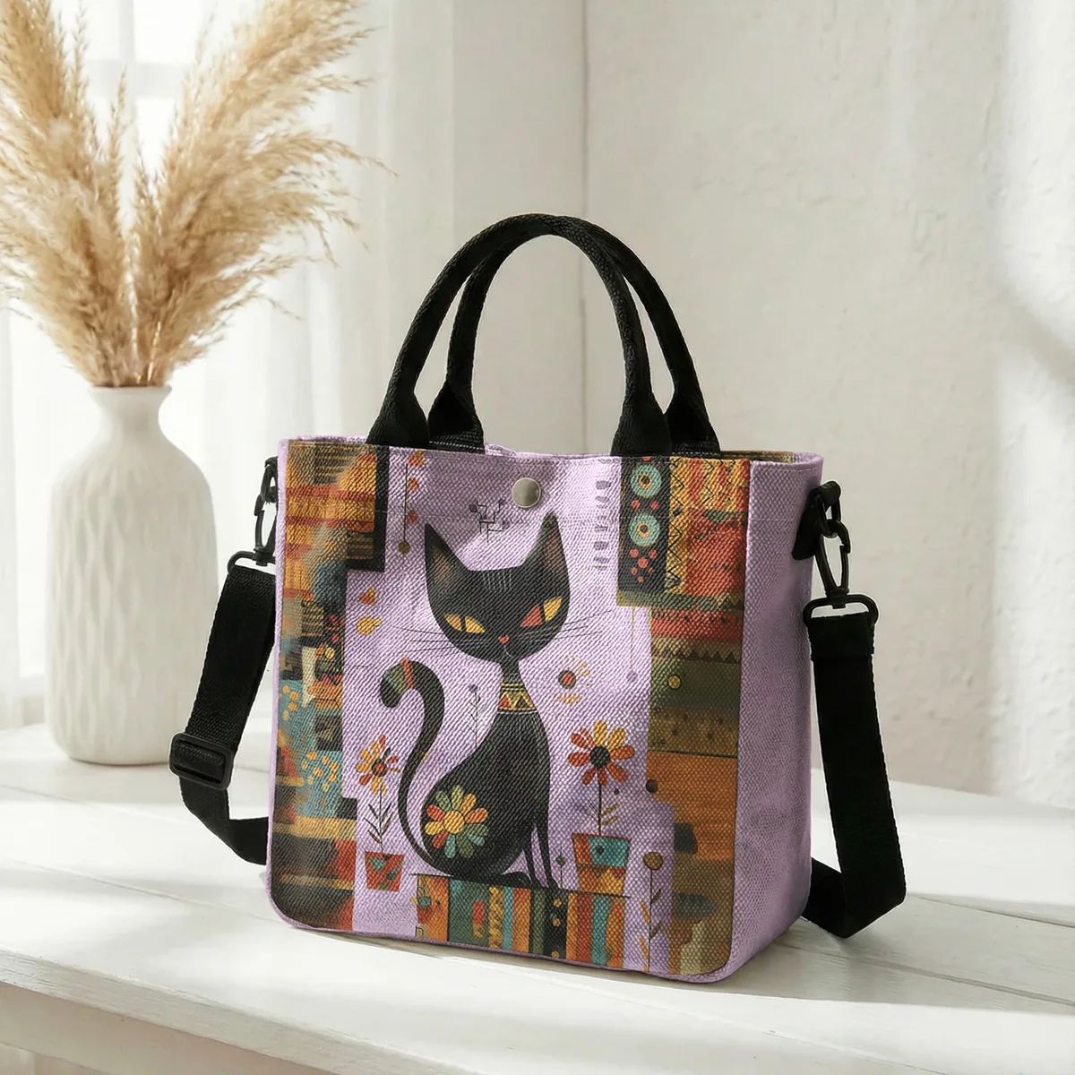 sac fourre-tout avec imprimé artistique de chat noir géométrique abstrait, sac à bandoulière avec sangle détachable pour femmes, pour les courses quotidiennes