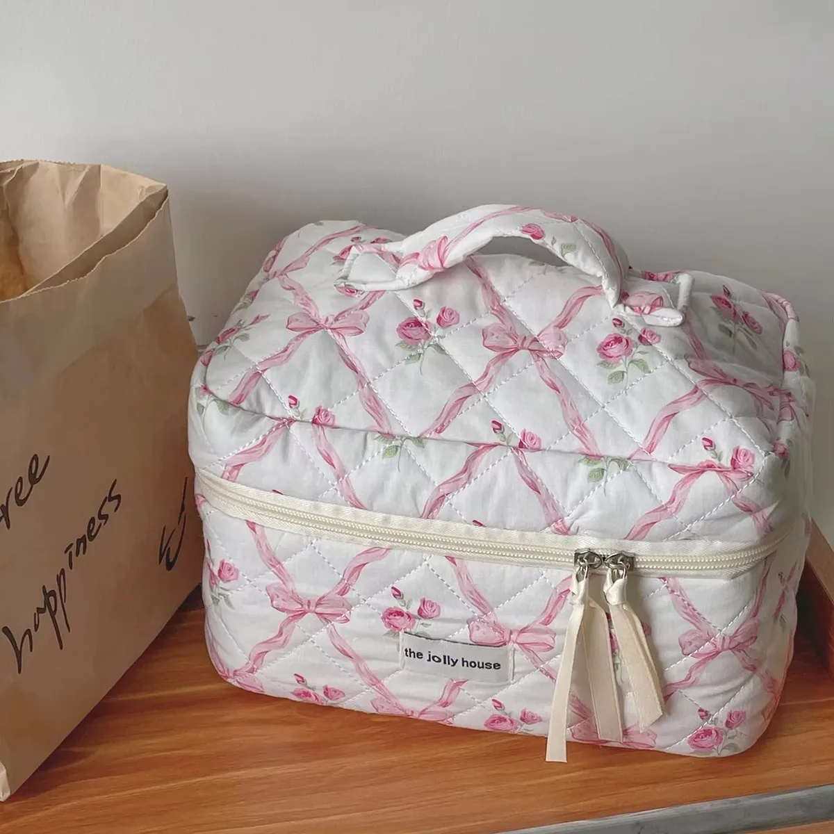 sac de maquillage en coton matelassé avec nœud mignon pour femmes, organisateur de cosmétiques à fermeture éclair, sac à main en tissu, trousse de toilette portable pour filles