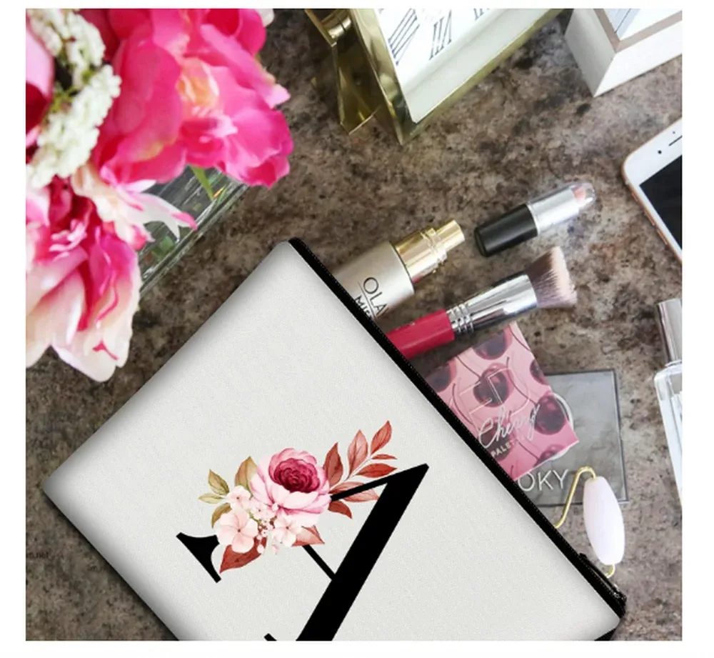 trousse cosmétique toile rose floraux vertes blanc décontracté résistant tache format oreiller longueur vingt cinq largeur dix huit