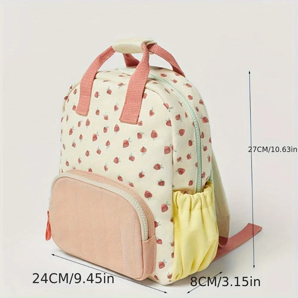 sac à dos imprimé fraise avec nom brodé, joli sac en toile contrastée dopamine, léger, idéal pour un usage quotidien, voyage pour les enfants