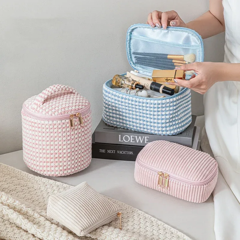 sacs de maquillage en peluche pour femmes, trousse à cosmétiques à fermeture éclair à carreaux, étui portable pour poudres de stockage d'évaluation cosmétique